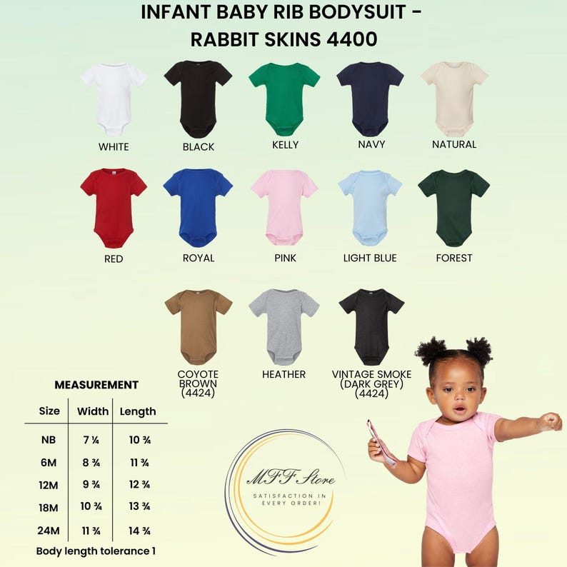 May include: Infant baby rib bodysuits in various colors, including white, black, and pink. The image displays a size chart with measurements in inches and the text "MFF Store". A baby is wearing a pink bodysuit.