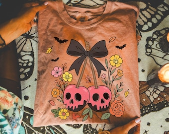 Halloween Kirschen Schädel T-Shirt, Floral Goth Tee