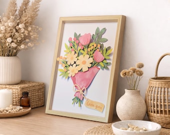 Cadre Fleurs en papier effet 3D fait main - Décoration murale romantique - Cadeau Saint Valentin / Fête des mères / Grands mères
