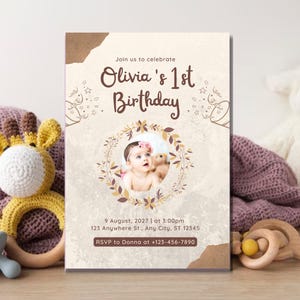 Invitación editable para el primer cumpleaños de niña / Invitación floral rosa / Plantilla Canva / Descarga instantánea / Imprimible / Personalizable