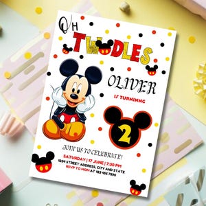 Invitation Twodles | Invitation d'anniversaire de Mickey Mouse pour le 2e anniversaire | Carte numérique modifiable | Fête Mickey imprimable | Faire-part d'anniversaire garçon fille