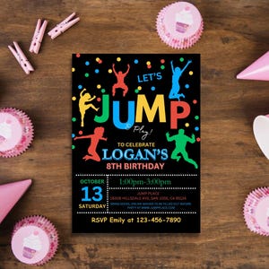 Convite de aniversário Jump | Convite para festa divertida e energética no parque de trampolim | Cartão de aniversário infantil editável e imprimível | Download instantâneo