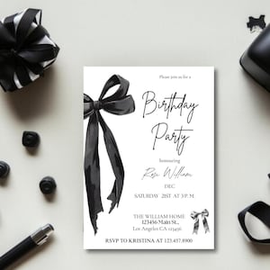 Bearbeitbare Schwarze Schleifen-Geburtstagseinladung | Elegante minimalistische Party einladen | Chic Geburtstag Evite | Druckbare Vorlage | Sofort Download