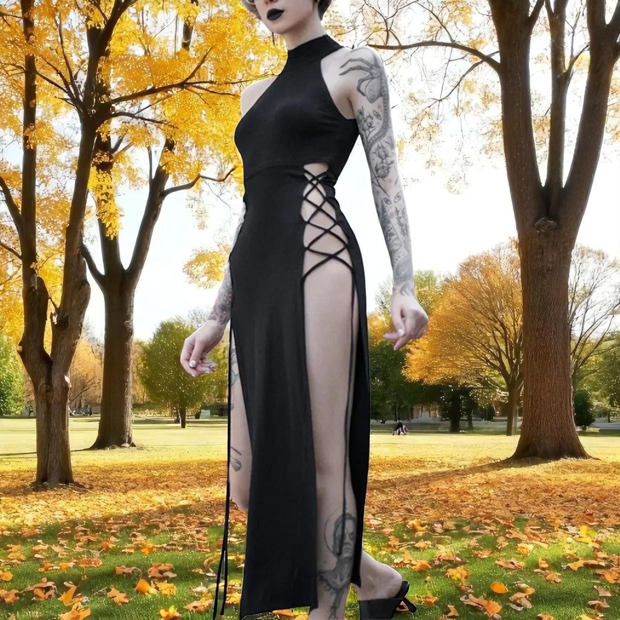 Goth Mall Goth Split Long Dress - Women Vintage Dress - Cyberpunk Harajuku Dress - Grunge Hold Out Lace Up Holter Sleeveless Dress