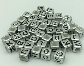 45 No Letter Beads, Silver Cube Alphabet Beads with Black Letters, 6mm Letter Beads, Secondhand Beads for Crafting