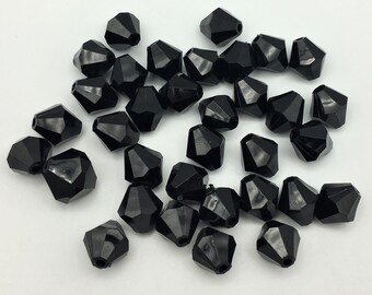 33 No. Vintage Black Bicone Beads, Black Plastic Bicones, Vintage Faceted Bicone Beads, 15mm Long Black Opaque Vintage Bicone Beads