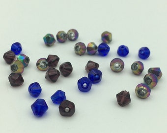 29 Vintage Dark Blue and Rainbow Faceted Bicone Beads, Blue and Rainbow Glass Bicones, 4mm Length, Vintage Bicone Beads for Jewellery Making