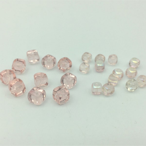 25 No. Vintage Pink Cube Beads, Transparent Glass Cubes & Diamond Cubes, 5mm and 4mm Pink and AB Shine Vintage Cube Beads for Crafting