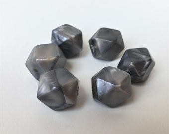 6 No Vintage Lucite Grey Geometric Beads - Grey Swirl Sheen, Chamferred Square, Vintage Beads for Crafting