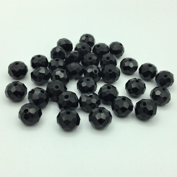 34No. Vintage Faceted Black Glass Rondelle Beads, Faceted Glass Rondelle Beads, 10mm Diameter Vintage Glass Black Faceted Rondelles