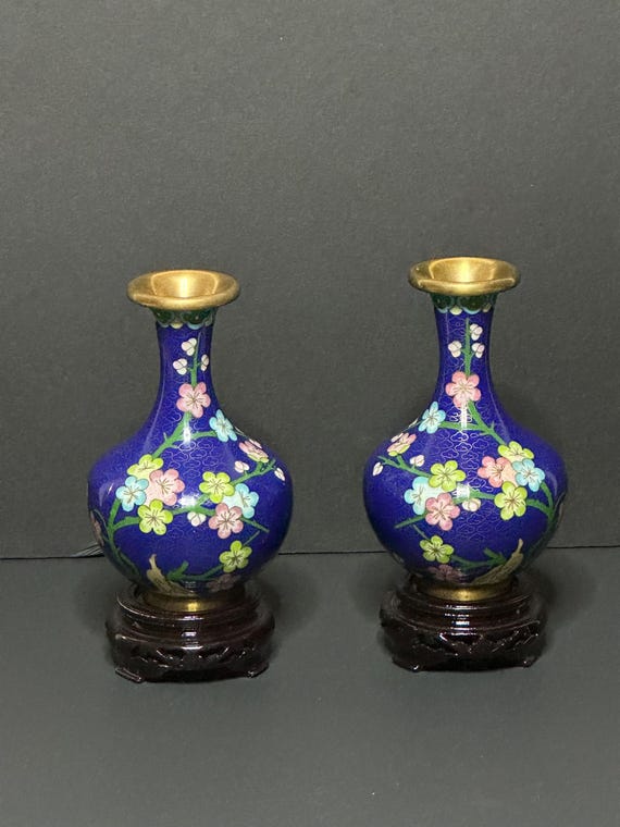 青地花柄中国七宝焼花瓶2点セット 青地花柄中国七宝焼花瓶2点セット 【公式通販】