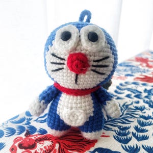 Hand Crocheted Doraemon Doll  Key Accessory, Bag Accessory - Anime Plush Toy - Unique Crochet Gift
