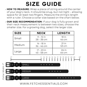 Puede incluir: Una gu&iacute;a de tallas de collares para perros, con una tabla que detalla las medidas del cuello y la longitud en pulgadas y cent&iacute;metros. La gu&iacute;a proporciona instrucciones sobre c&oacute;mo medir el cuello de un perro y recomendaciones para seleccionar la talla de collar correcta. La imagen tambi&eacute;n muestra tres collares negros para perros etiquetados como Peque&ntilde;o, Mediano y Grande.