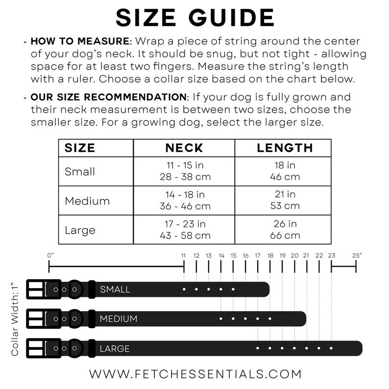 Puede incluir: Una gu&iacute;a de tallas de collares para perros, con una tabla que detalla las medidas del cuello y la longitud en pulgadas y cent&iacute;metros. La gu&iacute;a proporciona instrucciones sobre c&oacute;mo medir el cuello de un perro y recomendaciones para seleccionar la talla de collar correcta. La imagen tambi&eacute;n muestra tres collares negros para perros etiquetados como Peque&ntilde;o, Mediano y Grande.