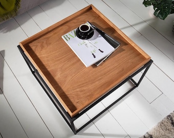 Walnut Wood Coffee Table: Modern Industrial Accent Table with Removable Tray