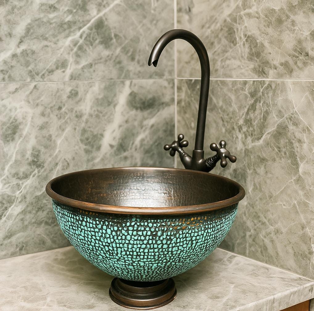 手作りのモロッコ銅製シンクボウル：ターコイズ槌目模様の洗面器