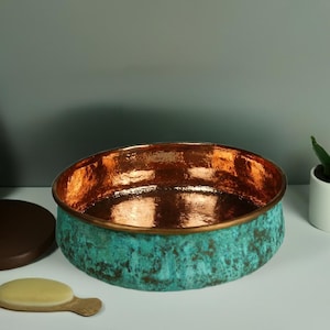 Hammered Copper Vessel Sink: Verdigris Patina Top Mount Vanity