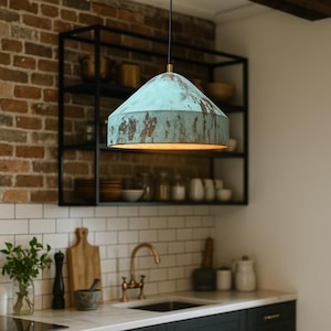 Rustic Green Patina Copper Pendant Light – Handmade Ceiling Lamp for Kitchen, Farmhouse, or Industrial Decor