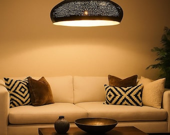 Perforated Dome Pendant Light – Handcrafted Black Brass Moroccan Ceiling Lamp, Brass gift