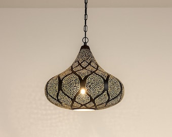 Teardrop Moroccan Pendant Light – Handcrafted Brass Ceiling Lamp with Floral Pattern, Brass gift