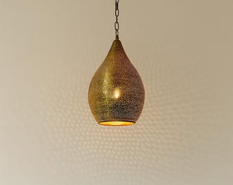 Pear-Shaped Moroccan Pendant Light – Handmade Brass Hanging Lamp with Dotted Pattern and Ambient Shadow Effect