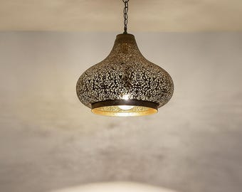 Moroccan Brass Pendant Light – Handmade Floral Filigree Ceiling Lamp for Boho & Modern Interiors