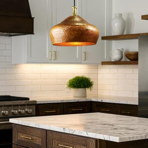 Handmade Hammered Copper Pendant Light – Moroccan Flared Dome Lamp – Rustic Kitchen Island Lighting – Brass Top Ceiling Fixture