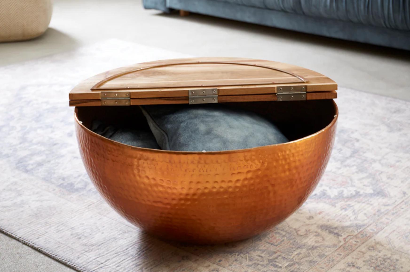 Round Coffee Table Orient Storage 60cm Walnut Wood Copper - Etsy