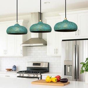 Handmade Moroccan Brass Pendant Light – Turquoise Hammered Hanging Lamp – Patina Dome Ceiling Fixture – Boho Kitchen or Dining Light