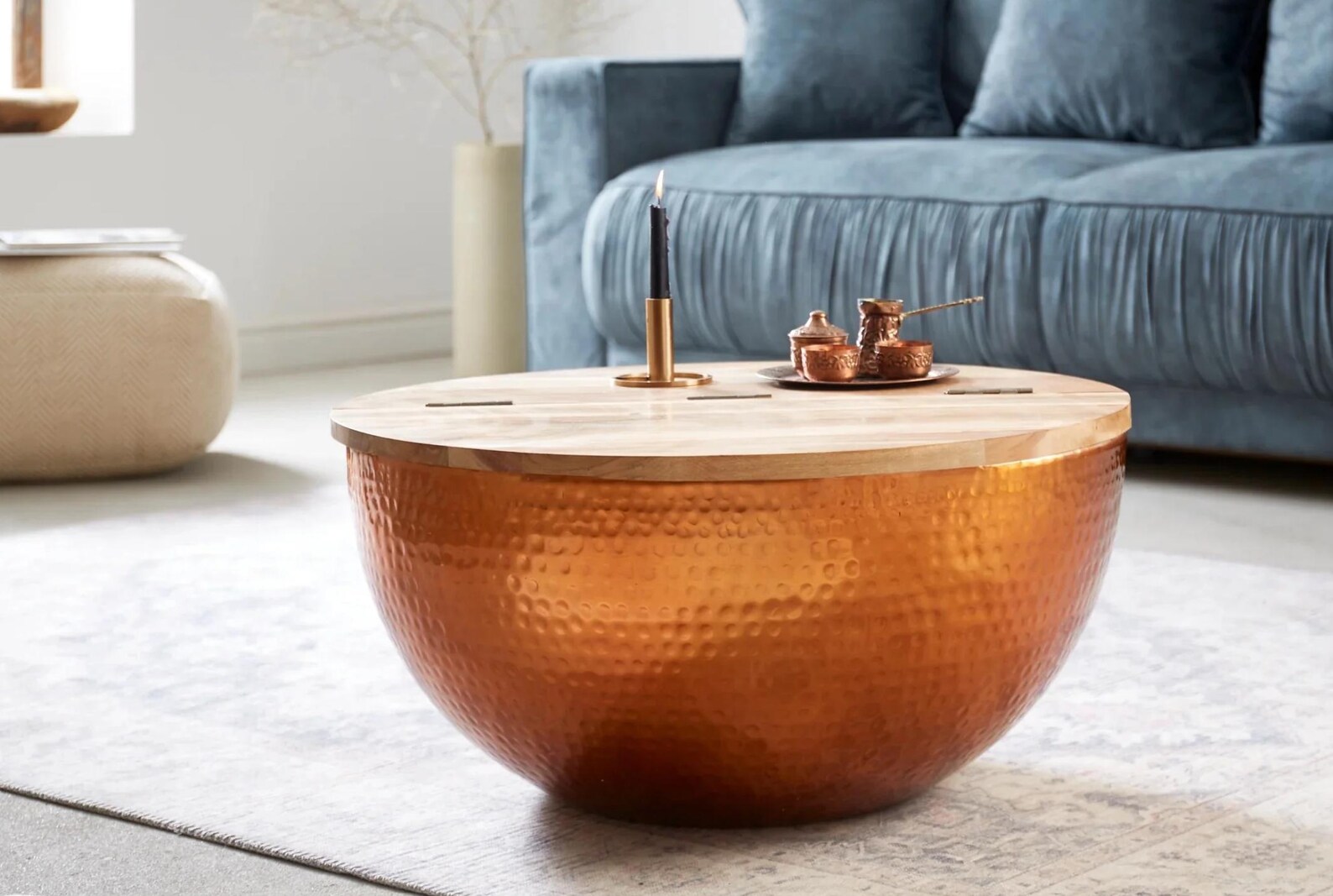 Round Coffee Table Orient Storage 60cm Walnut Wood Copper - Etsy