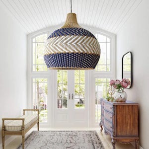 Handwoven Royal Blue Rattan Ceiling Light, Unique Round Pendant Lamp, Living Room Lighting, Artistic Decor, Bohemian Style
