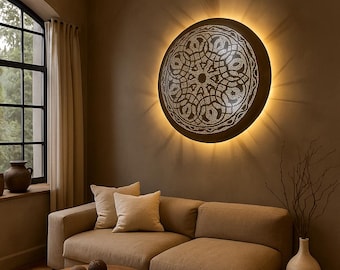Moroccan Mandala Wall Lamp – Handmade Brass Round Backlit Light – Boho Shadow Art Fixture for Living Room or Accent Wall