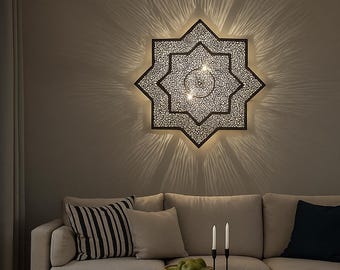 Handmade Moroccan Star Wall Lamp – Brass Shadow Light Fixture – Khatem Wall Art Lamp for Living Room, Entryway, or Interior Accent
