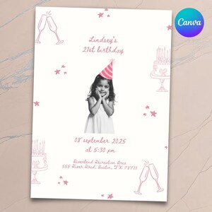 Pink 21st birthday invitation featuring a childhood photo, hand-drawn doodles, and elegant editable Canva design.