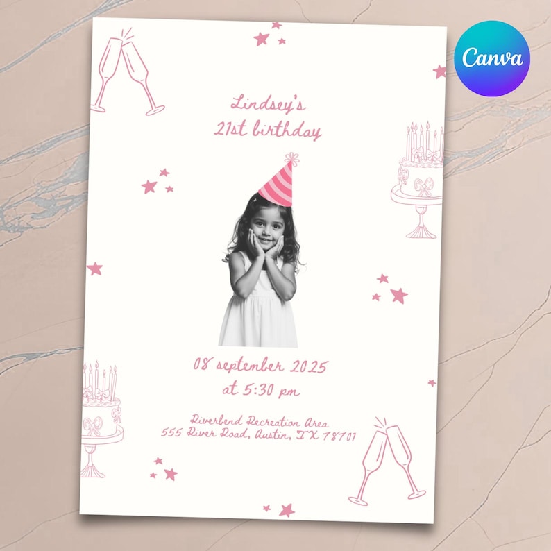 Pink 21st birthday invitation featuring a childhood photo, hand-drawn doodles, and elegant editable Canva design.