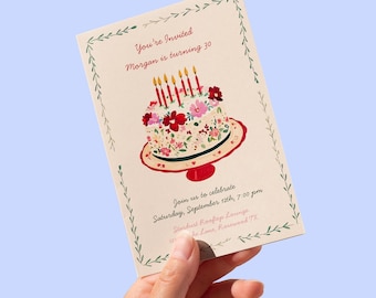 Plantilla de invitación floral de cumpleaños: Diseño de pastel vintage (Descarga digital editable en Canva)