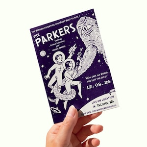 Space Wedding Invitation, Vintage Comic Template, Retro Monster Design, Spooky Love, Editable Canva, Unique Save the Date, Sci-Fi Couple