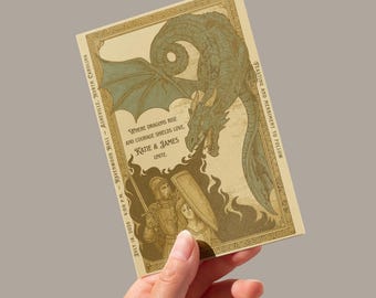 Fantasy Dragon Hochzeitseinladungsvorlage, mittelalterliches Ritter & Prinzessin Design, bearbeitbare druckbare Einladung für Paare
