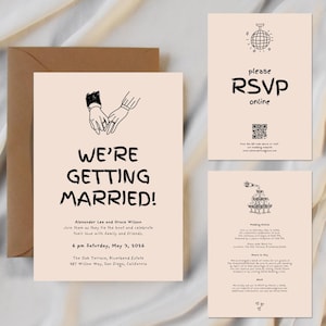WEDDING INVITATION Suite Template, Hand Drawn Illustrated Fun Invite, Double Sided Editable, Handwritten Wedding Invite with QRcode RSVP