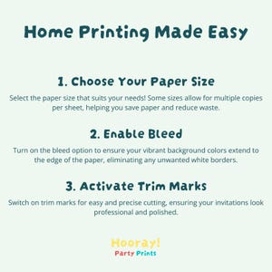 Puede incluir: Un gr&aacute;fico azul verdoso y blanco con el texto "Home Printing Made Easy" y tres pasos para la impresi&oacute;n en casa: Elegir el tama&ntilde;o del papel, Habilitar sangrado y Activar marcas de recorte. El gr&aacute;fico tambi&eacute;n incluye el texto "Hooray! Party Prints".