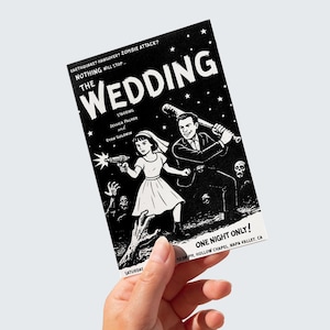 Zombie Wedding Invitation, Goth Comic Template, Retro Horror Design, Spooky Love, Editable Canva, Unique Save the Date, Sci-Fi Couple