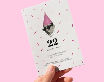 Plantilla de invitación de cumpleaños con confeti rosa: Tarjeta imprimible moderna (descarga digital)