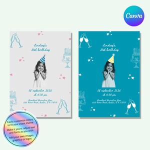 Pink 21st birthday invitation featuring a childhood photo, hand-drawn doodles, and elegant editable Canva design.