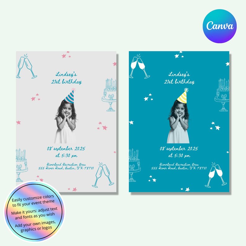 Pink 21st birthday invitation featuring a childhood photo, hand-drawn doodles, and elegant editable Canva design.