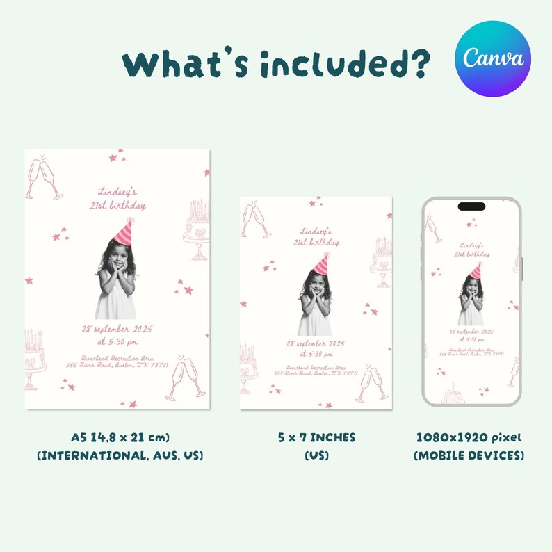 Pink 21st birthday invitation featuring a childhood photo, hand-drawn doodles, and elegant editable Canva design.