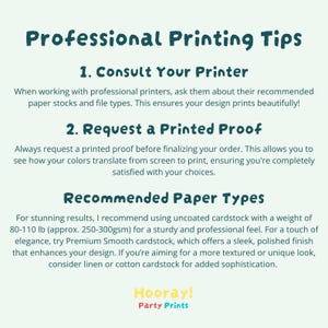 Puede incluir: Un gr&aacute;fico azul verdoso y blanco con el texto "Consejos de impresi&oacute;n profesional" y una lista de consejos para trabajar con impresoras profesionales. Los consejos incluyen consultar con su impresora sobre los tipos de papel y los tipos de archivo, solicitar una prueba de impresi&oacute;n y los tipos de papel recomendados. El gr&aacute;fico tambi&eacute;n incluye el texto "&iexcl;Hurra! Impresiones de fiesta".