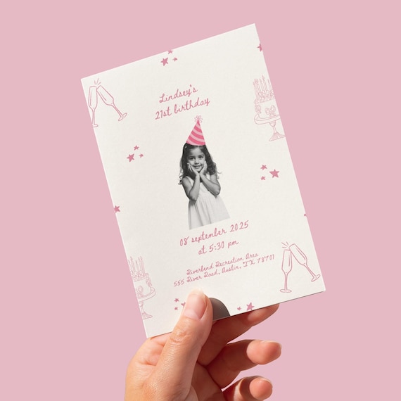 Childhood Photo Birthday Invitation: Pink Doodles, Editable Template (Digital Download)