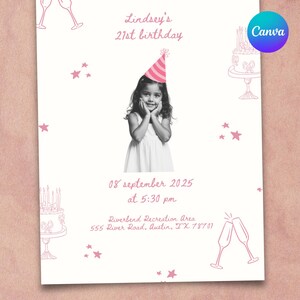 Pink 21st birthday invitation featuring a childhood photo, hand-drawn doodles, and elegant editable Canva design.