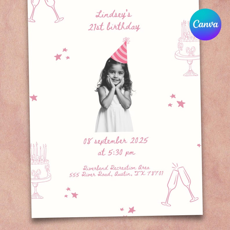 Pink 21st birthday invitation featuring a childhood photo, hand-drawn doodles, and elegant editable Canva design.