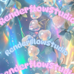 Op de afbeelding: Een holografische achtergrond met iriserende kleuren en een herhalend patroon van roze en witte kersen. De tekst "Renderflow Studio" wordt herhaald in de hele afbeelding.